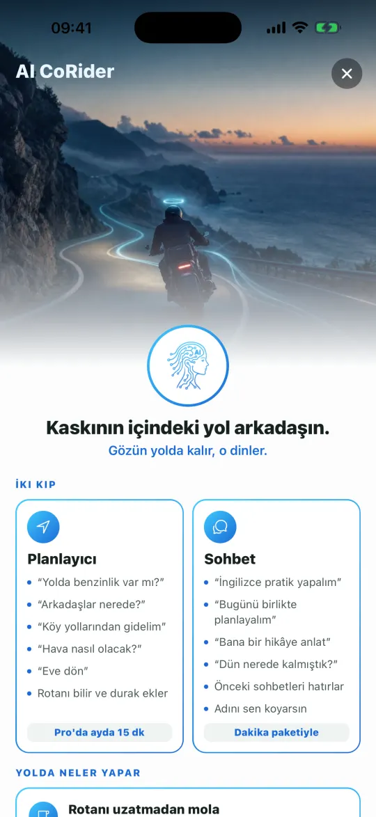 AI CoRider ekranı: planlayıcı ve sohbet seçenekleri