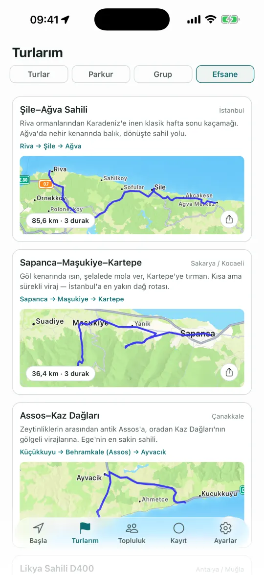 Efsane yollar ekranı: hazır rotaların listesi ve haritası