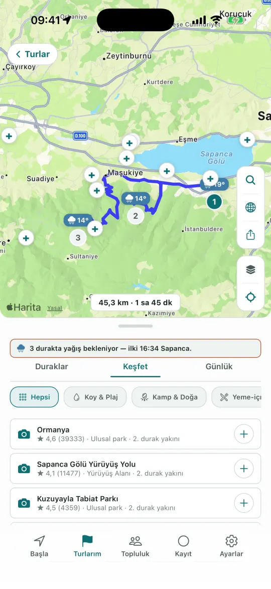 Keşfet ekranı: rota üstündeki duraklar ve listesi
